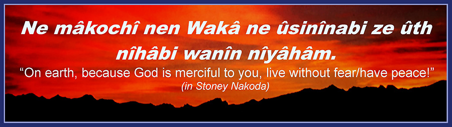 Ne mâkôchî nen Wakâ ûsinînabi ze ûth nîhâbi wanîn nîyâhâm. —On earth, because God is merciful to you, live without fear/have peace! (in Stoney Nakoda)